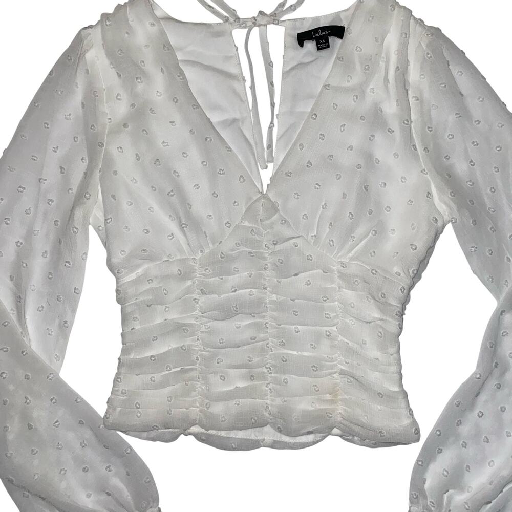 Coquette Swiss Dot Sheer Sleeve Ruched Corset Cottagecore Feminine Ethereal Top - Picture 10 of 12
